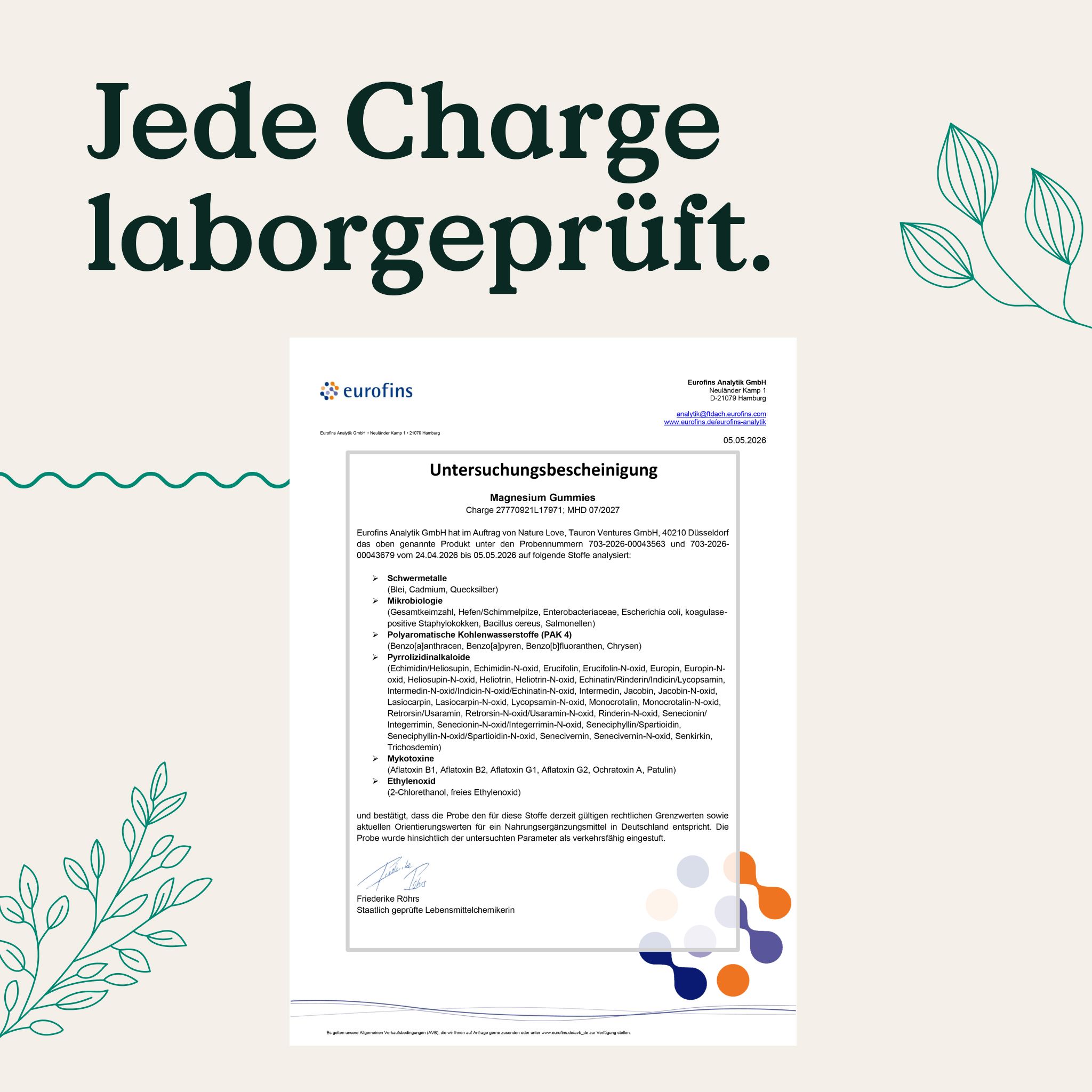 Zertifikat von Eurofins: Jede Charge ist laborgeprüft. Enthält Details zu Magnesium-Qualität.