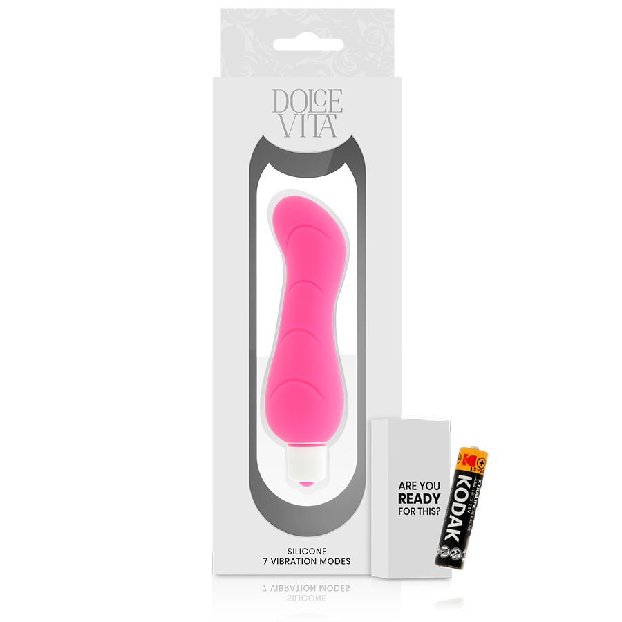 Rosa Vibrator aus Silikon. Verpackung mit Produktabbildung und Schriftzug Dolce Vita. Text: Silicone, 7 Vibration Modes. Inkl. Batterie.
