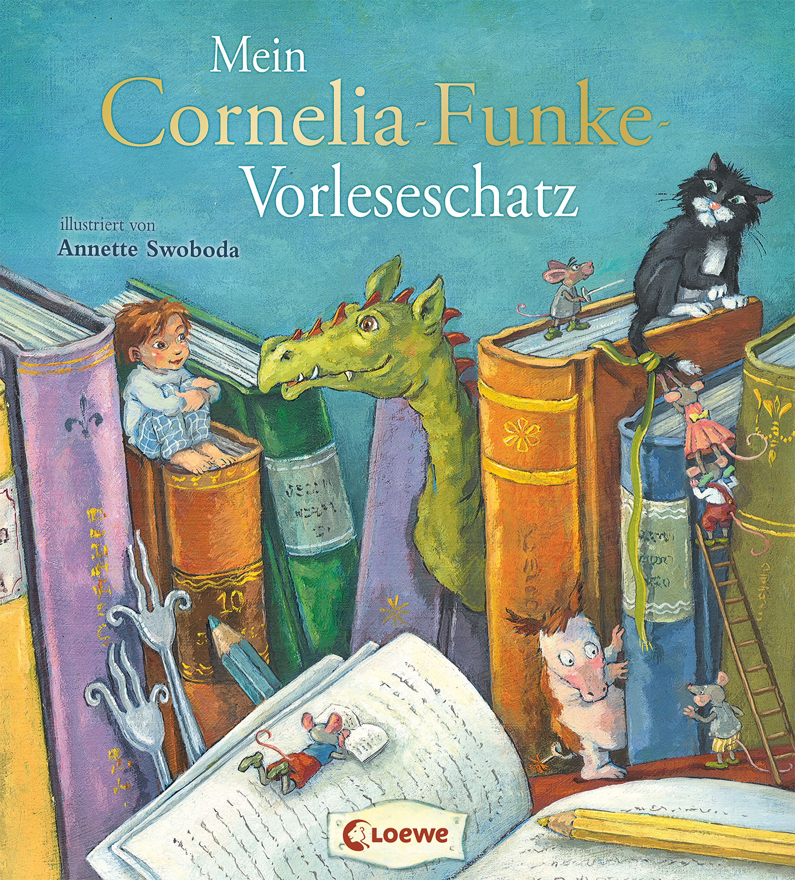 Buchcover: "Mein Cornelia Funke Vorleseschatz". Illustrationen mit Büchern, Drachen, Mäusen und einer Katze.
