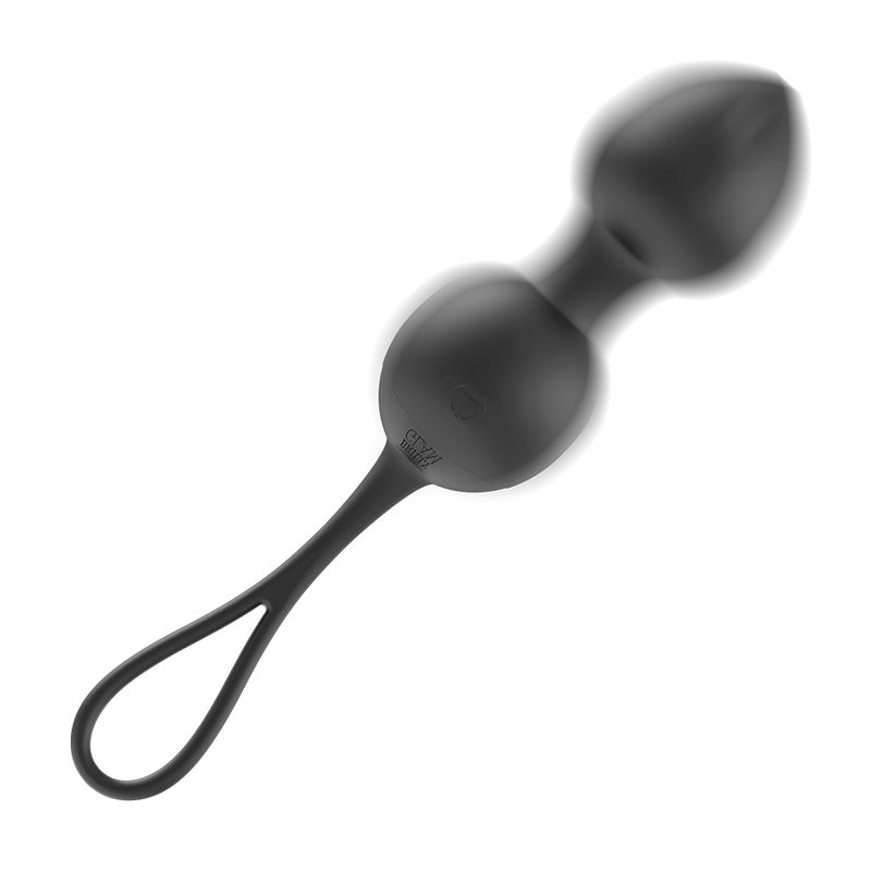 Schwarz, zweiteilige Kegelkugel mit Schlaufe. Verschwommene Darstellung.