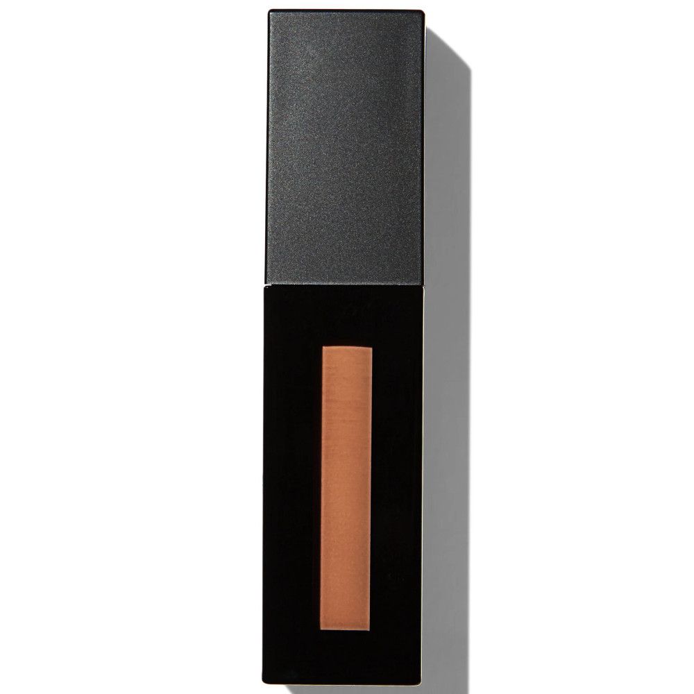 Matte Lipgloss-Tube mit schwarzem Deckel. Der Behälter zeigt einen rechteckigen, braunen Farbstreifen. Der Deckel ist geschlossen.
