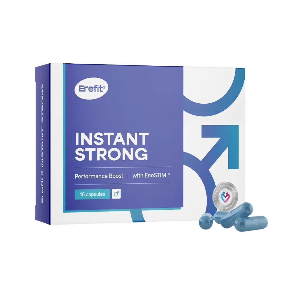 Schachtel mit blauen Kapseln. Aufschrift: INSTANT STRONG, Performance Boost, mit EnoSTIM. 15 Kapseln. Männliches Symbol.