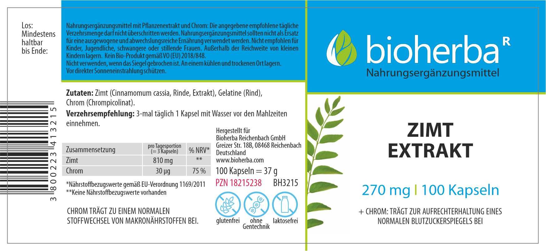 Etikett mit "bioherba" und "Zimt Extrakt". Enthält 100 Kapseln. Angaben zu Inhaltsstoffen und Nährwerten.