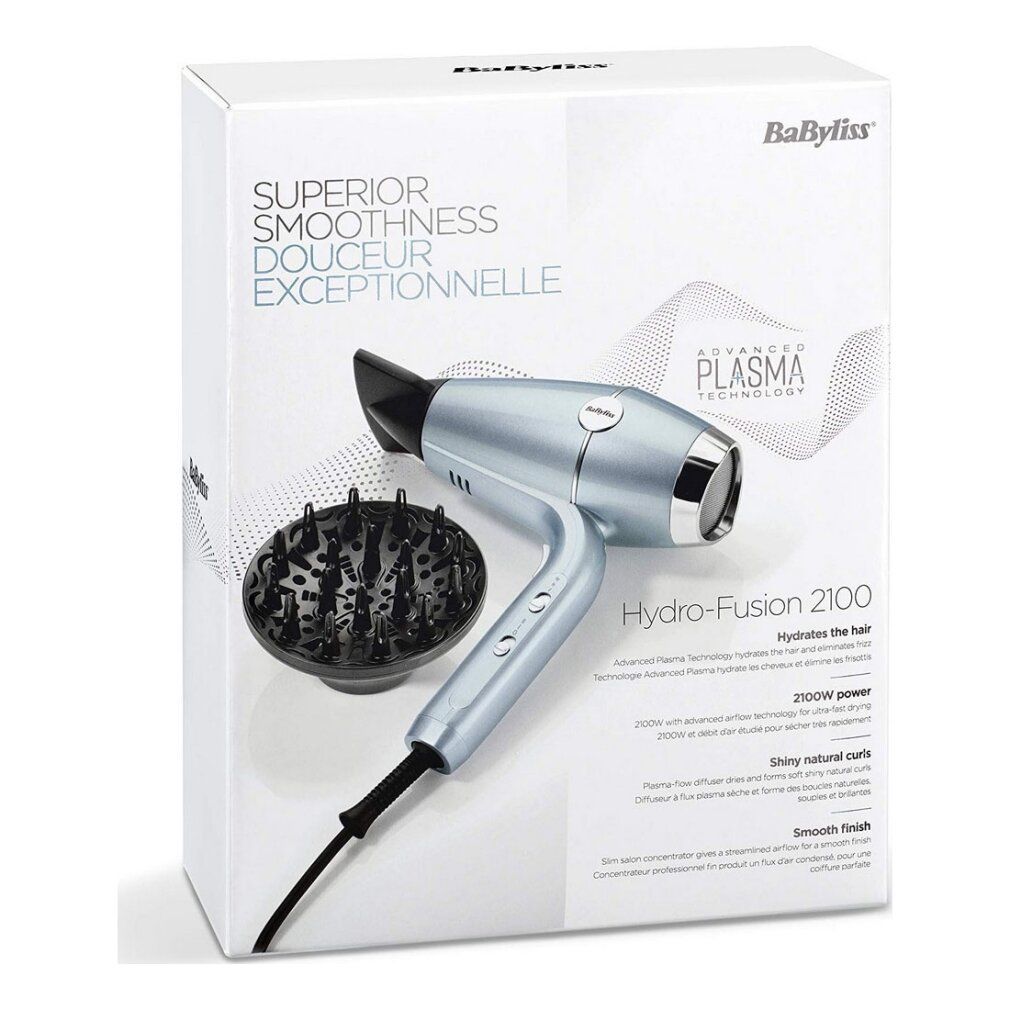 Confezione prodotto con asciugacapelli e diffusore. Testo: Superior Smoothness, Hydro-Fusion 2100.