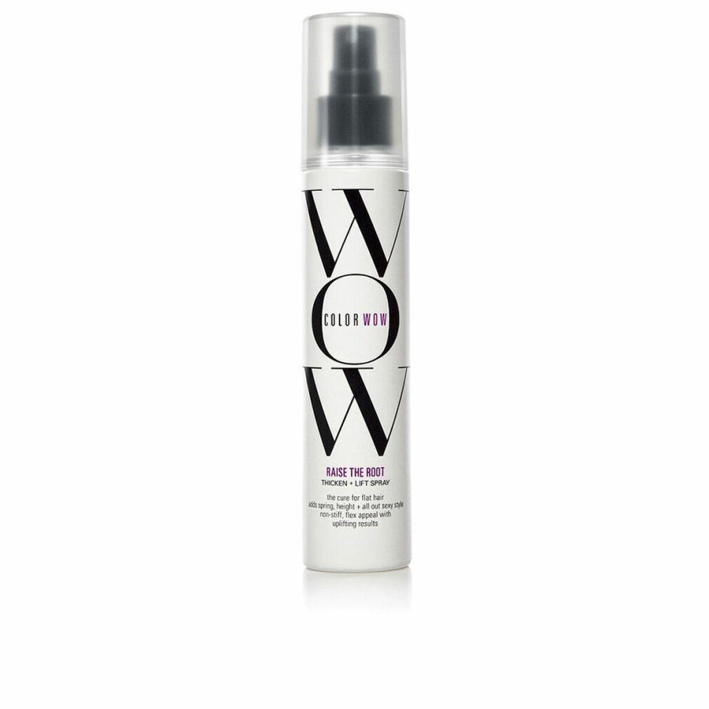 Haarspray-Flasche mit schwarzem Sprühkopf. Aufschrift: Color Wow, Raise The Root Thicken & Lift Spray. Weißes Etikett mit schwarzer Schrift.