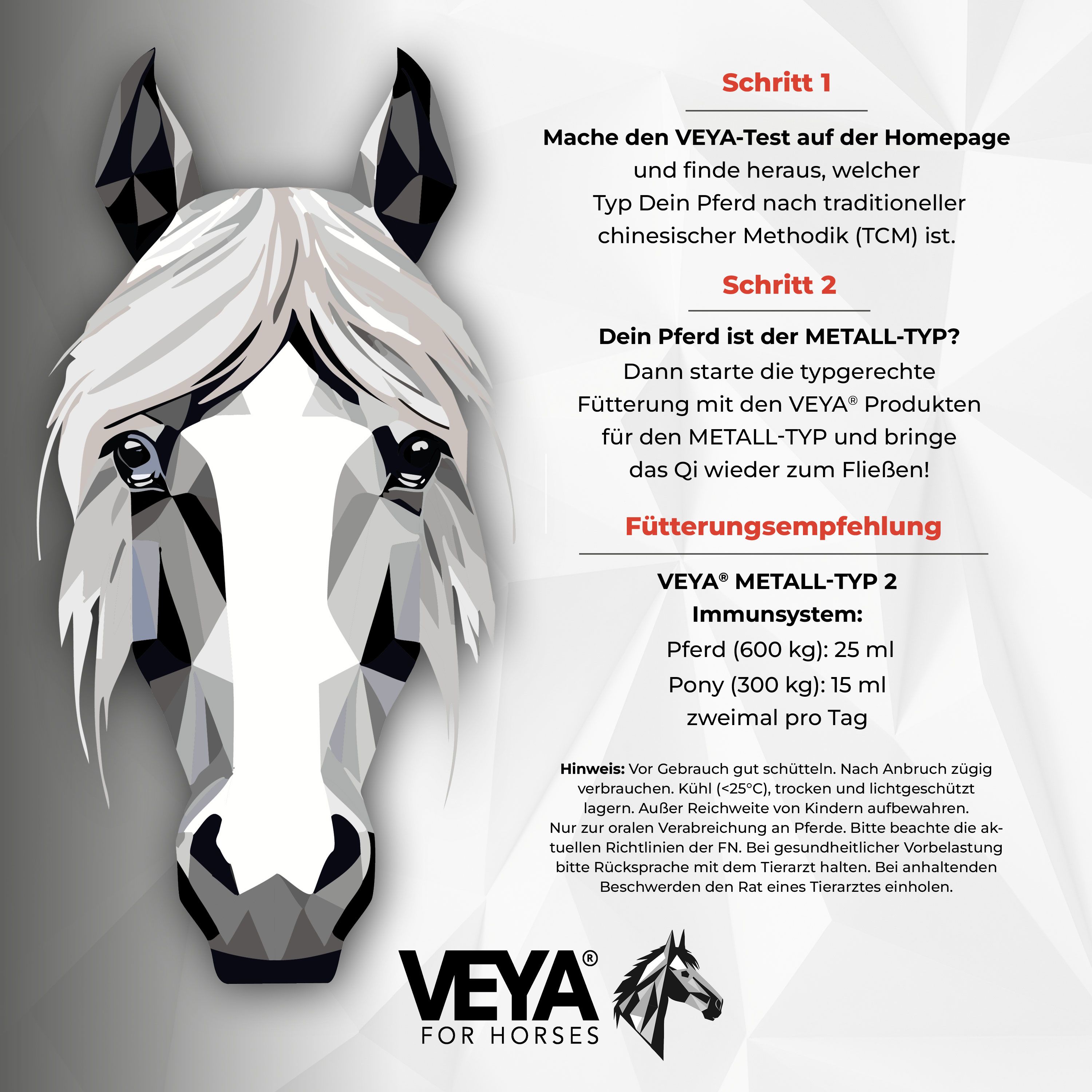 Grafik eines Pferdekopfes. Text: VEYA FOR HORSES. Text: Fütterungsempfehlung. VEYA METALL-TYP 2 IMMUNSYSTEM.