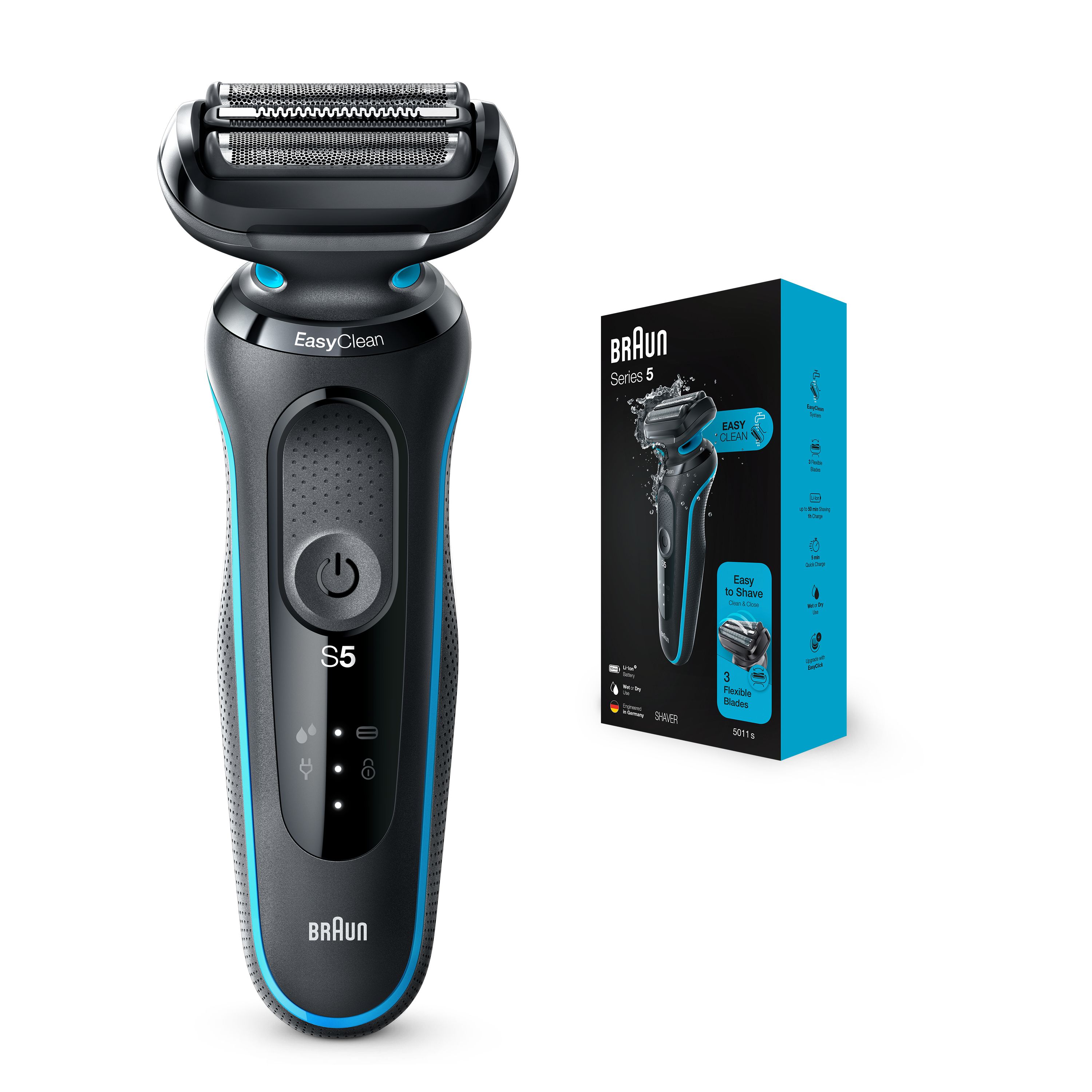 Schwarzer Elektrorasierer S5 mit blauen Akzenten und Verpackung. Braun Series 5 Box mit Produktabbildung und Text.
