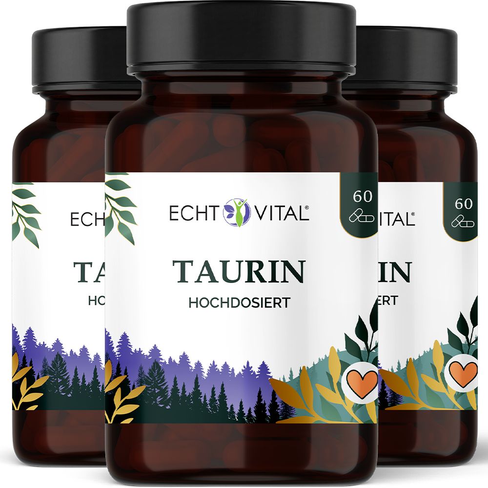 Drei Flaschen Echt Vital Taurin Hochdosiert mit 60 Kapseln pro Flasche.