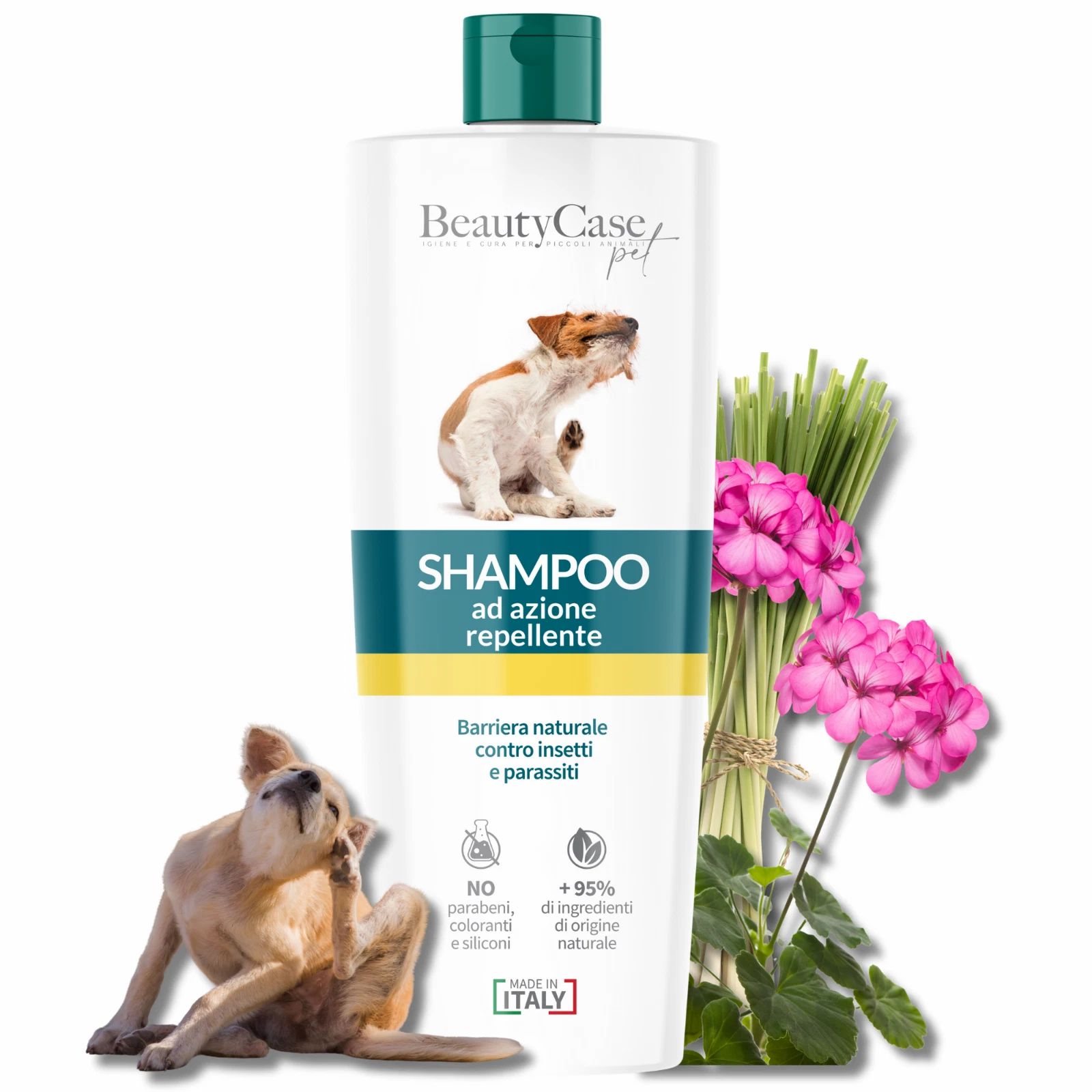 Flasche Shampoo mit Zitronengras und Geranie. Hund kratzt sich. Text: Shampoo ad azione repellente. Made in Italy.