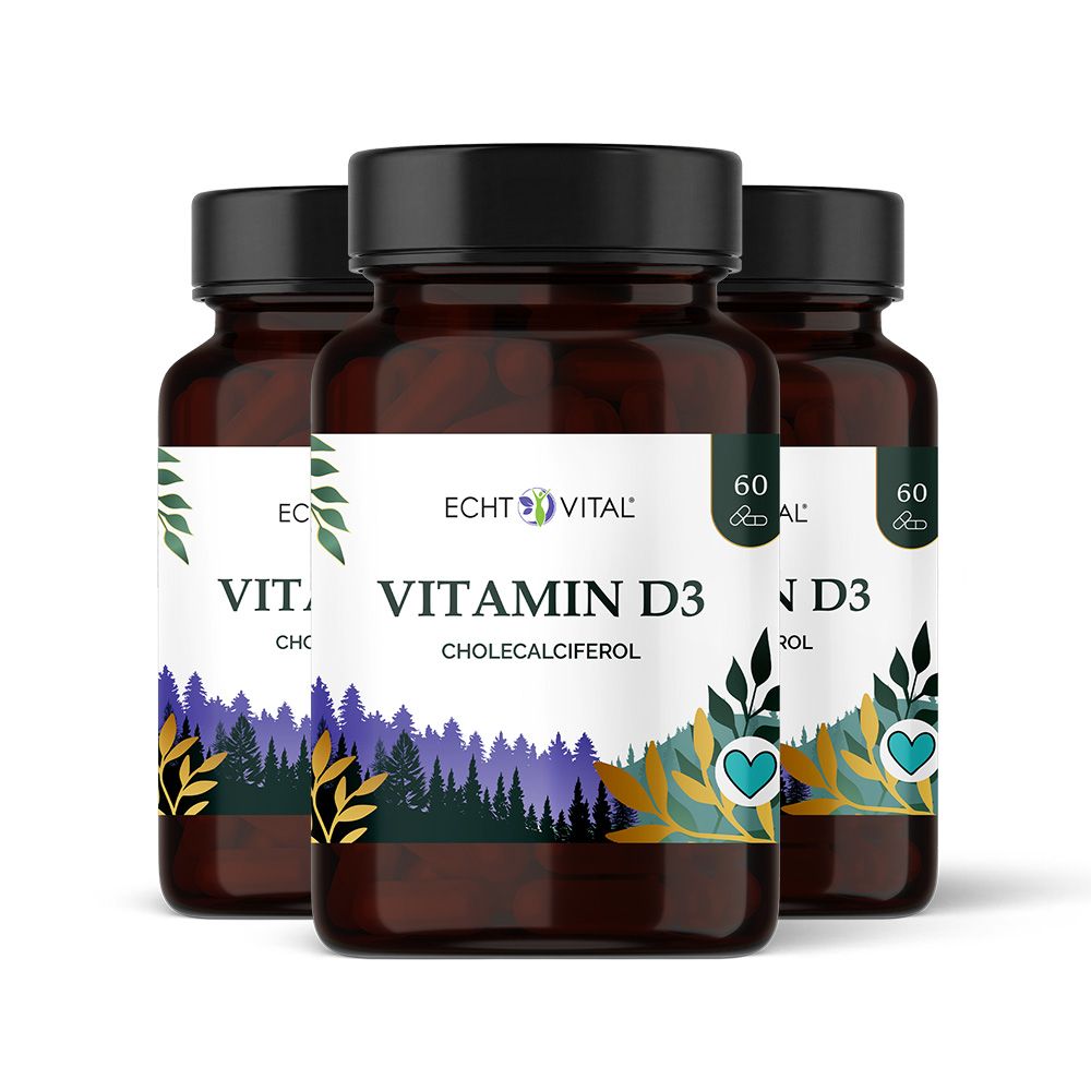Drei braune Flaschen mit weißem Etikett. Aufschrift: Echt Vital Vitamin D3. Schwarzer Deckel. 60 Kapseln.