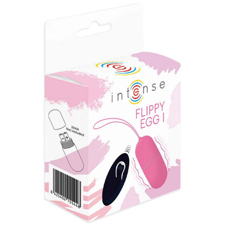 Verpackung mit rosa Ei, Fernbedienung, Batterien. Text: Intense, Flippy Egg I.