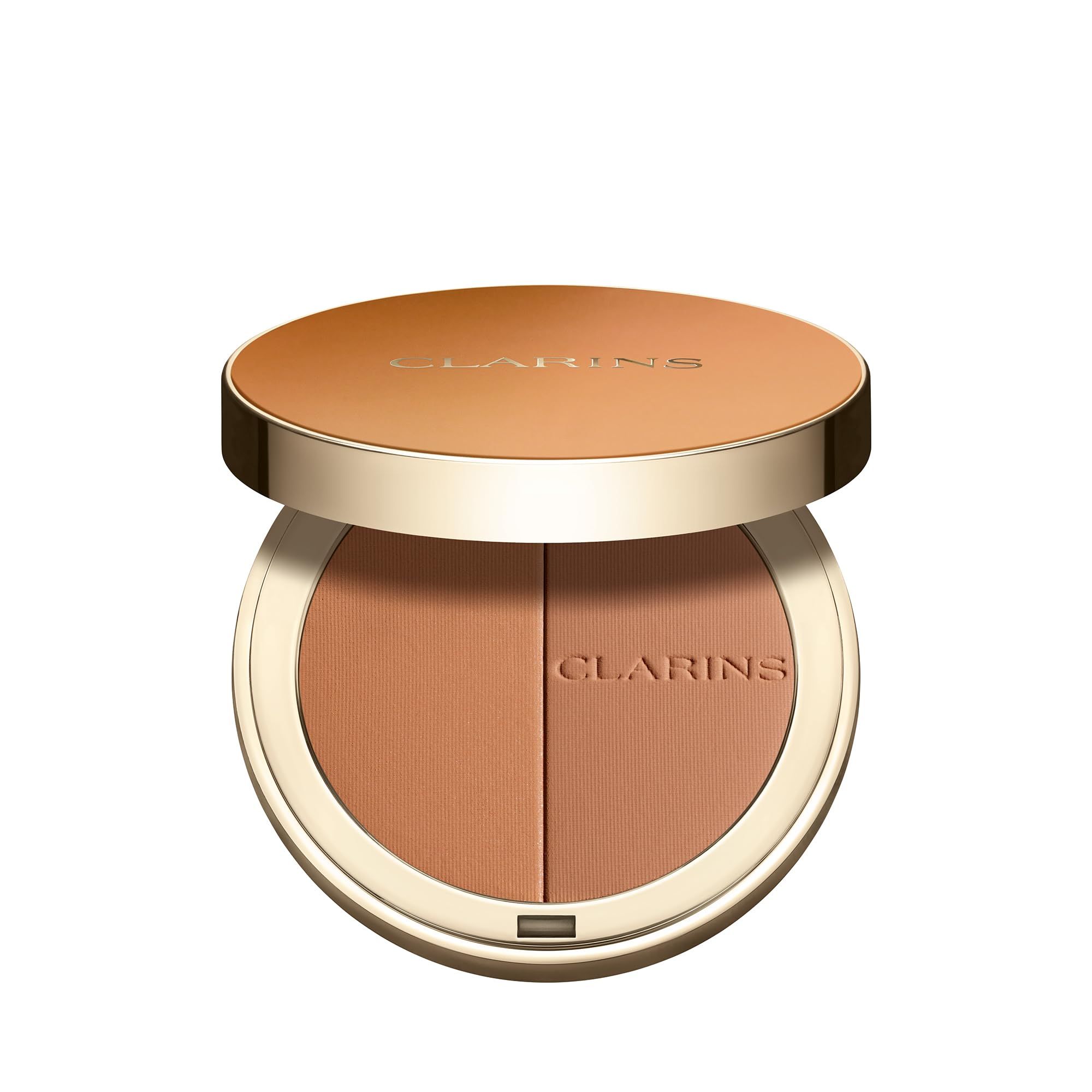 Runder Bronzer-Kompaktpuder mit zwei Farbtönen. Deckel und Puder in Braun- und Goldtönen. Marke Clarins.
