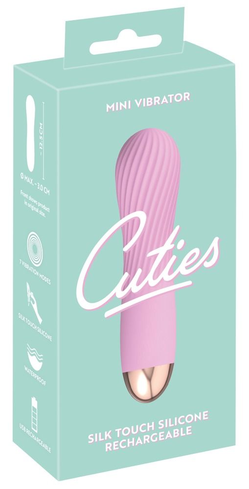 Verpackung mit rosa Vibrator. Aufschrift 'Cuties', 'Mini Vibrator'.