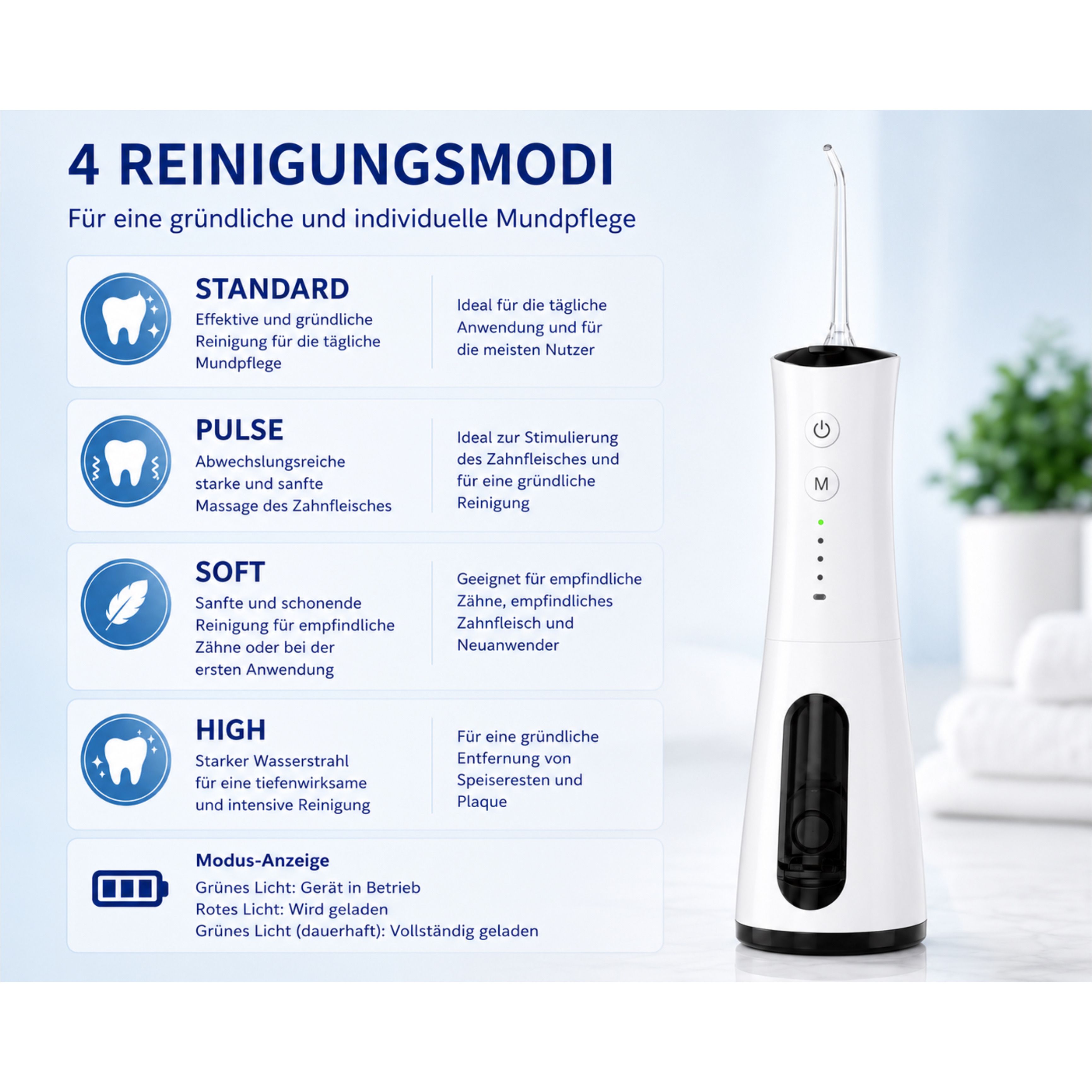 AquaPulse Munddusche mit 4 Reinigungsmodi: Standard, Puls, Soft, High. Zeigt Modus-Anzeige und Ladezustand.