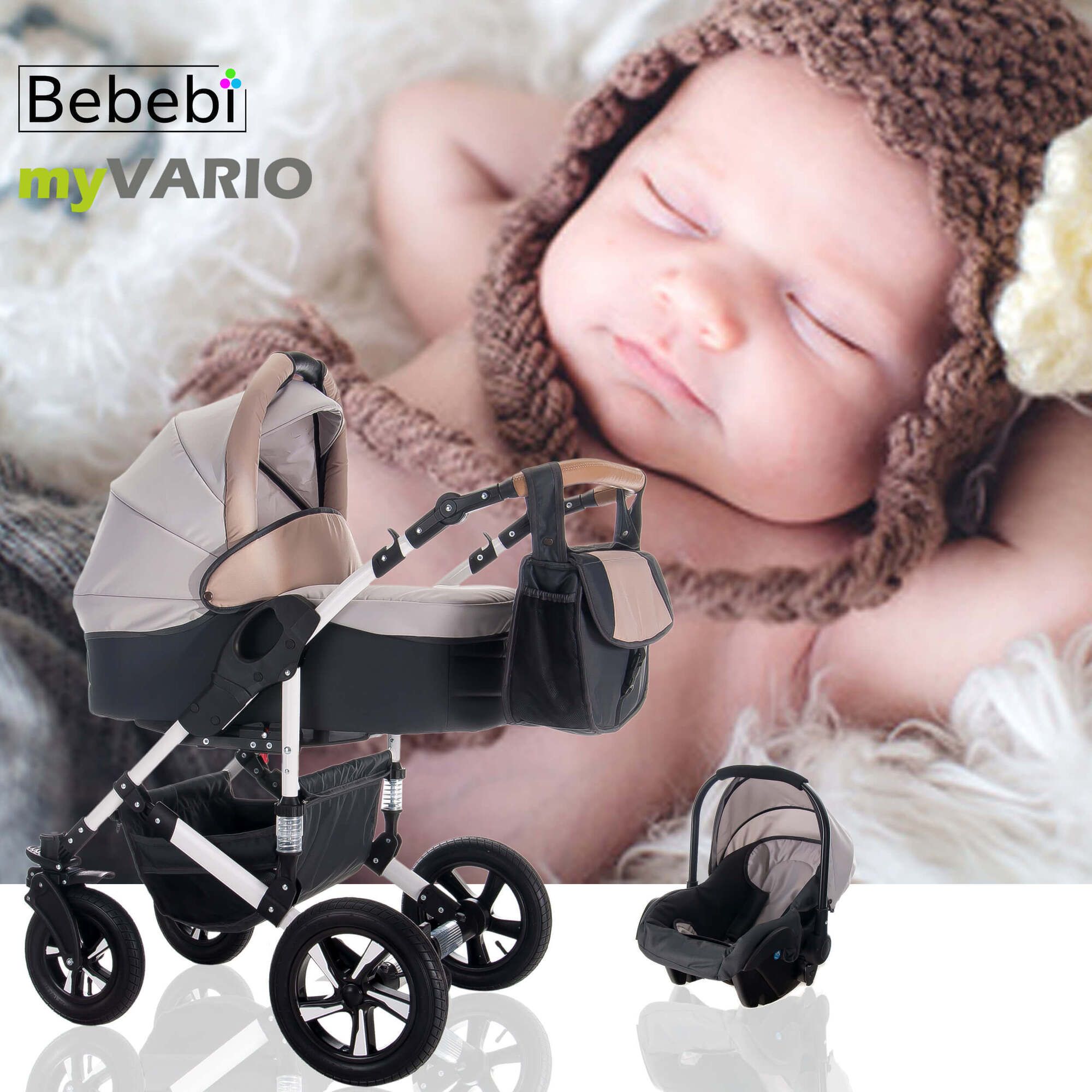 Kinderwagen mit Baby, beige und schwarz. Enthält Babywanne, Sportsitz, Autositz. Luft myStar.