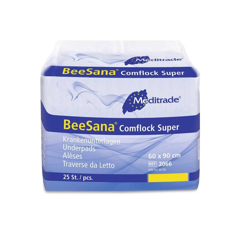 Verpackung mit BeeSana Comflock Super Krankenunterlagen. Größe 60x90 cm, 25 Stück. Marke Meditrade.