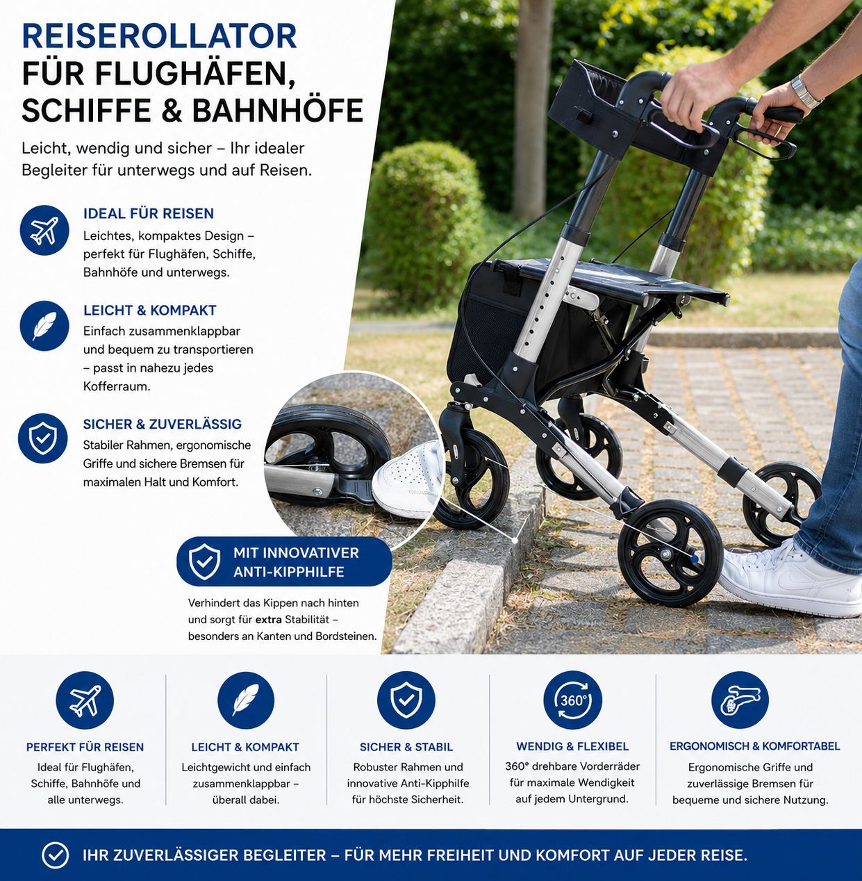 Rollator in Gebrauch. Schwarzer Sitz, Tasche und silberfarbenes Gestell. Person hält Griff. Anti-Kipp-Funktion. 360° Vorderräder.
