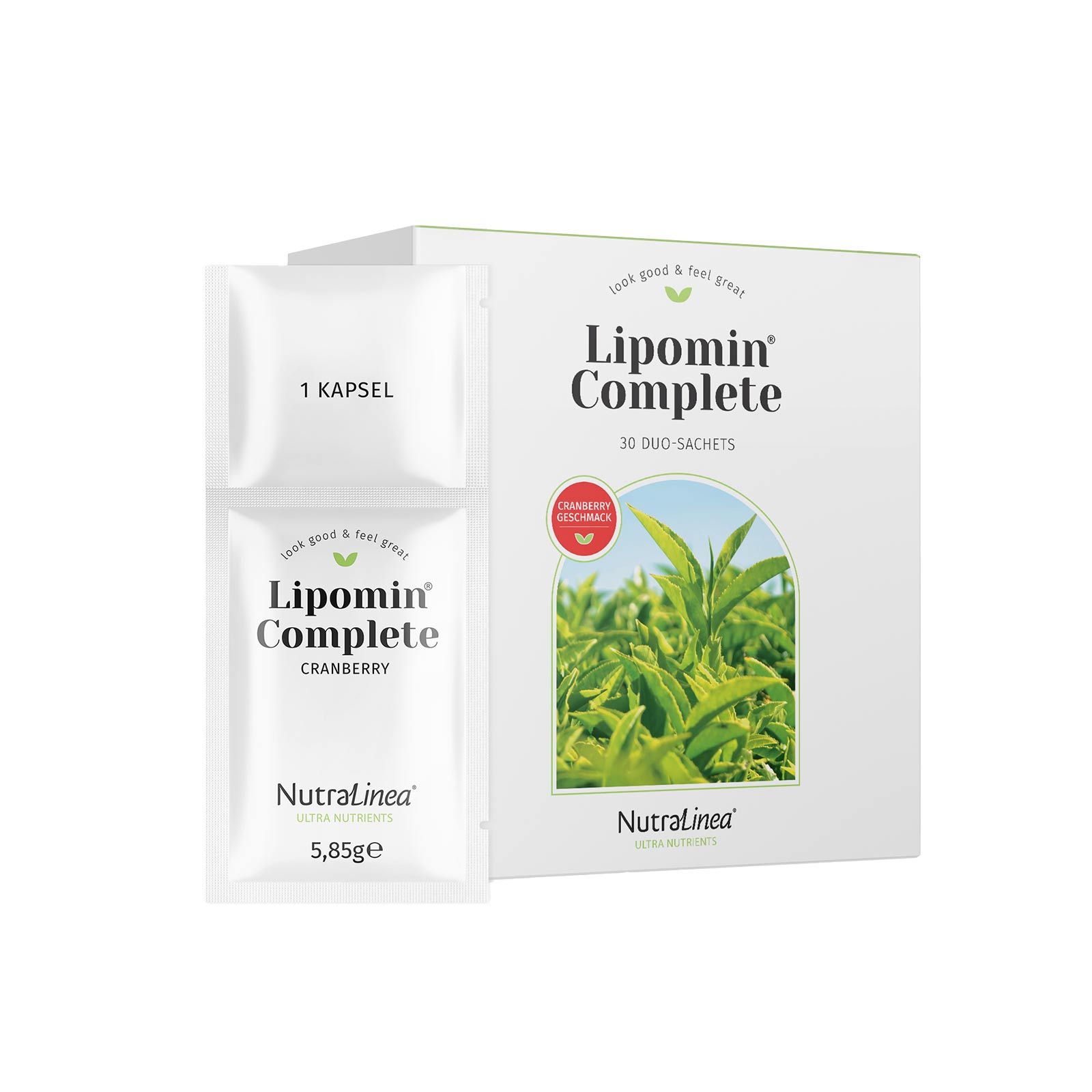 Verpackung "Lipomin Complete" mit zwei Sachets. Cranberry-Geschmack. NutraLinea-Logo. 1 Kapsel.