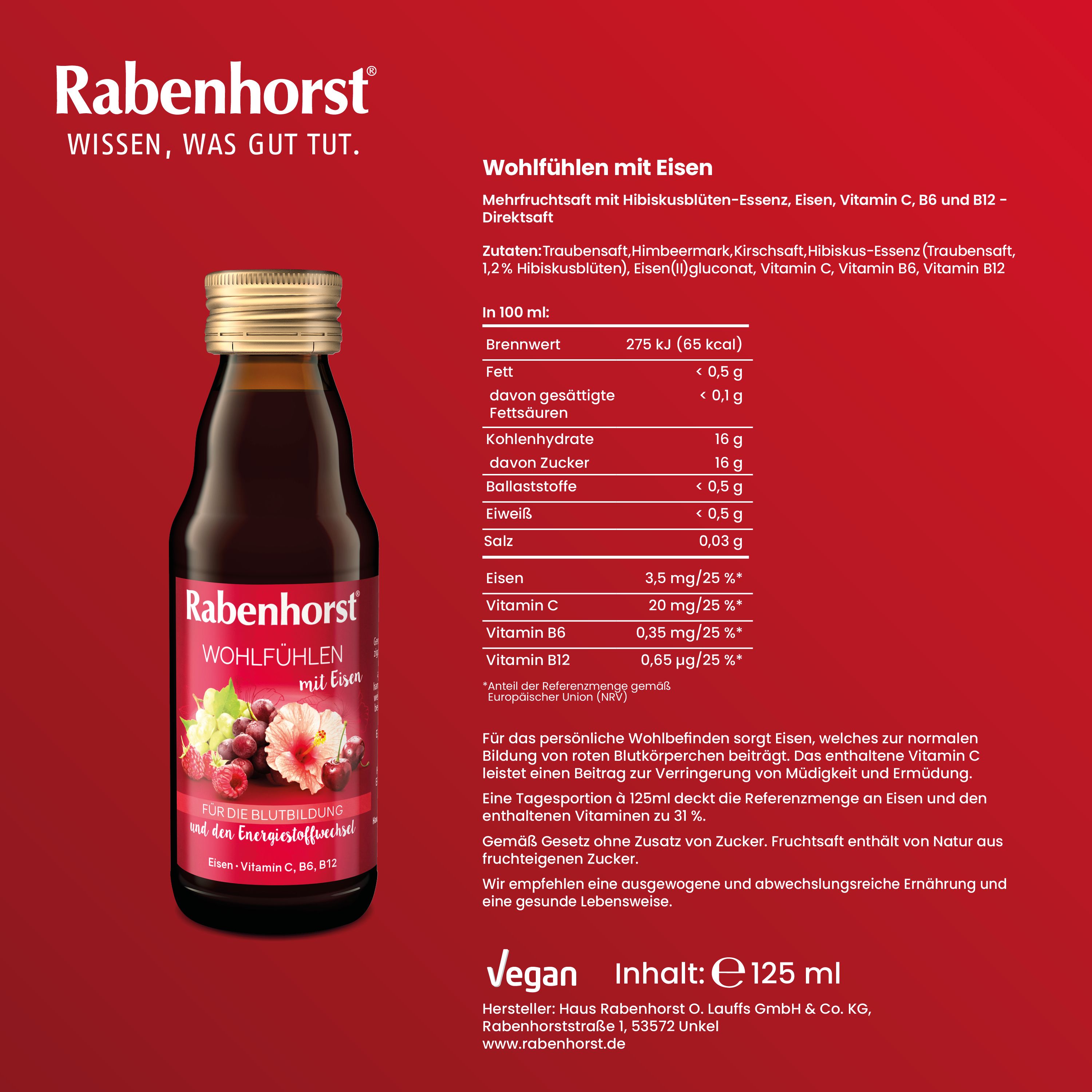 Flasche Rabenhorst Wohlfühlen mit Eisen Saft mit Nährwertangaben und Zutatenliste.
