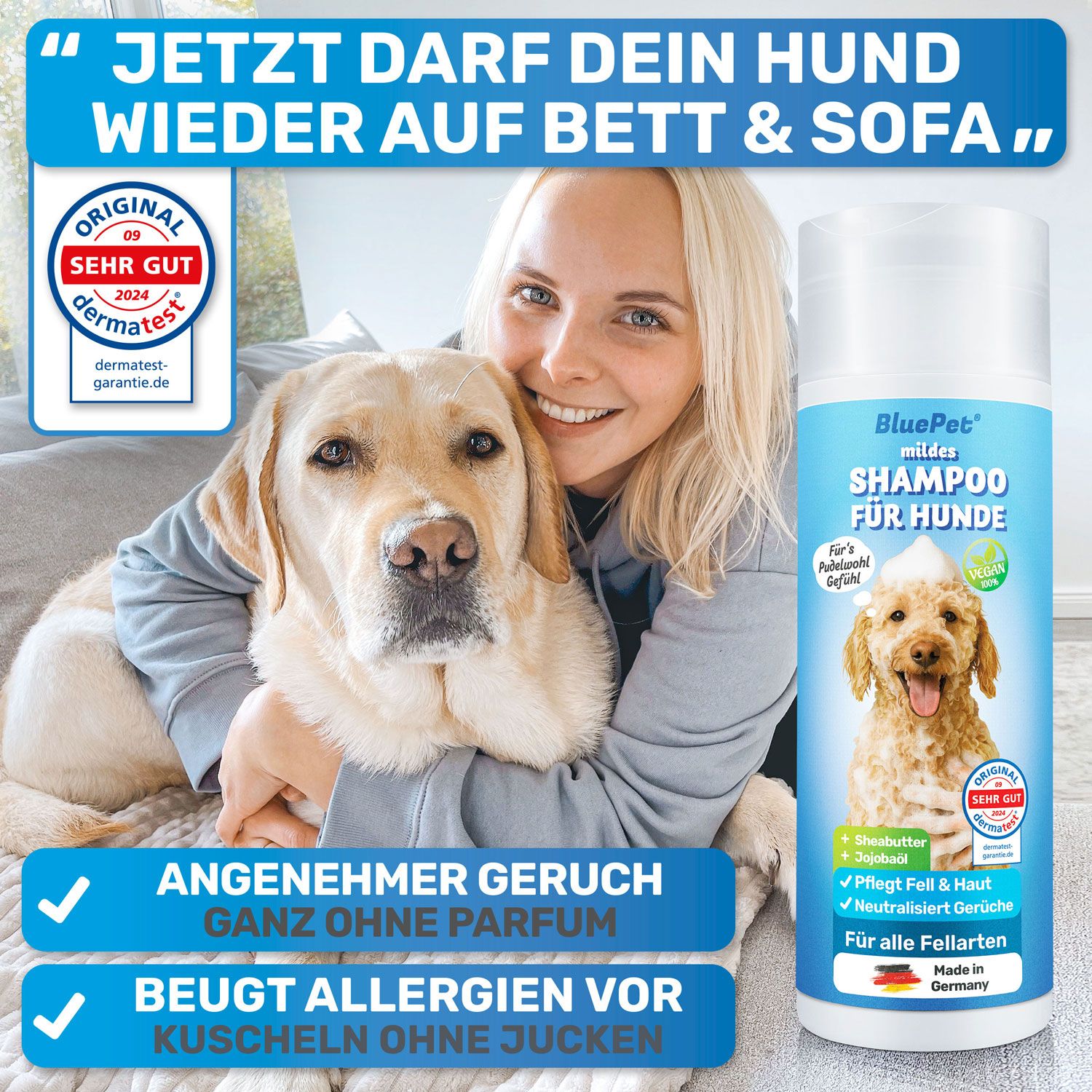 Frau umarmt Hund. Daneben Shampoo-Flasche. Text: Angenehmer Geruch, ohne Parfum. Beugt Allergien vor.