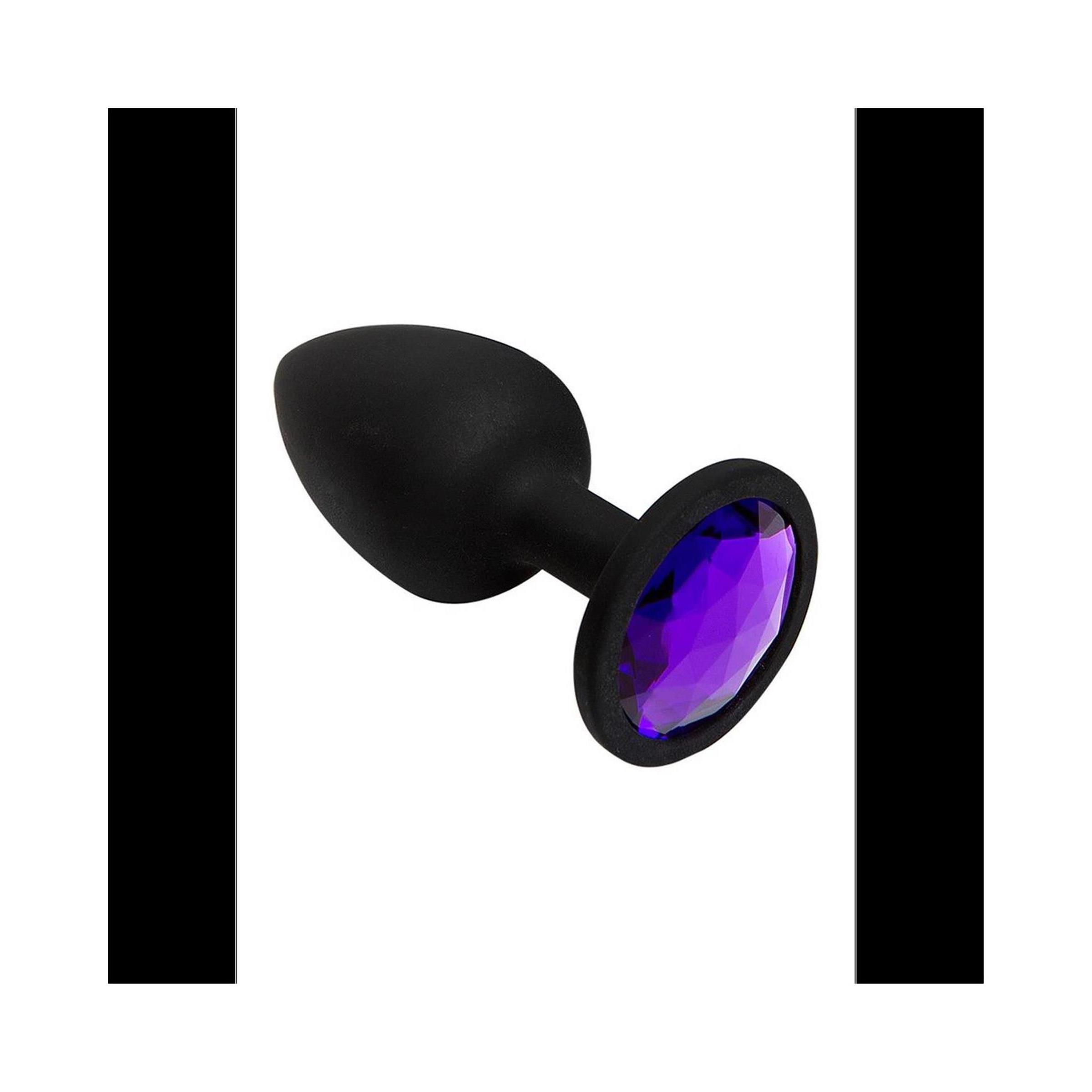 Schwarzer Butt Plug mit lila Schmuckstein. Runde Basis.