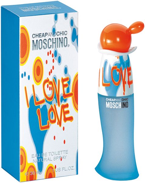 Hellblaues Parfumflakon mit orangefarbenem Verschluss und weißer Kappe. Blaue Verpackung daneben.