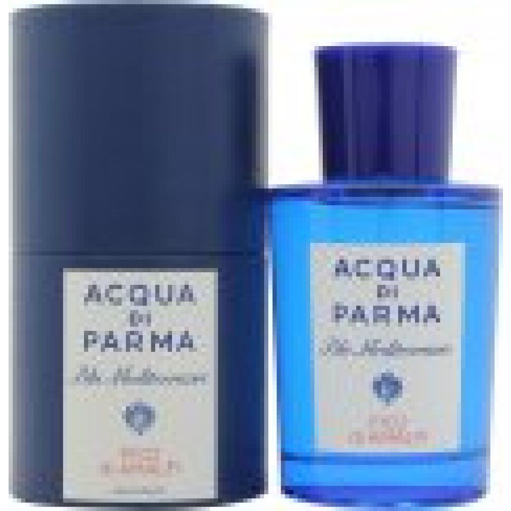 Blaue Flasche und Verpackung. Aufschrift: Acqua Di Parma, Blu Mediterraneo, Fico di Amalfi. Flasche mit blauem Verschluss.