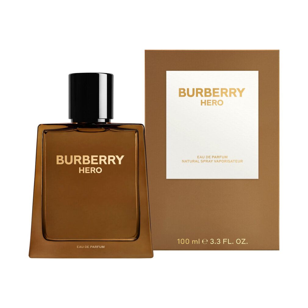 Burberry Hero E.d.P. Nat. Spray. Flakon und Verpackung. Brauner Flakon, schwarzer Deckel. Goldener Schriftzug. 100 ml.