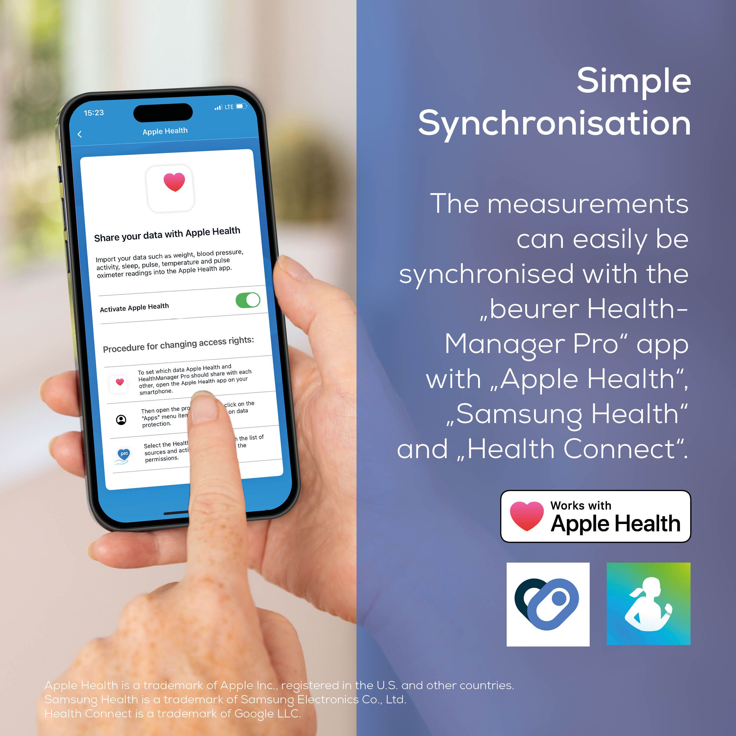 Smartphone synchronisiert Blutdruckdaten mit Apple Health über Beurer HealthManager Pro App.