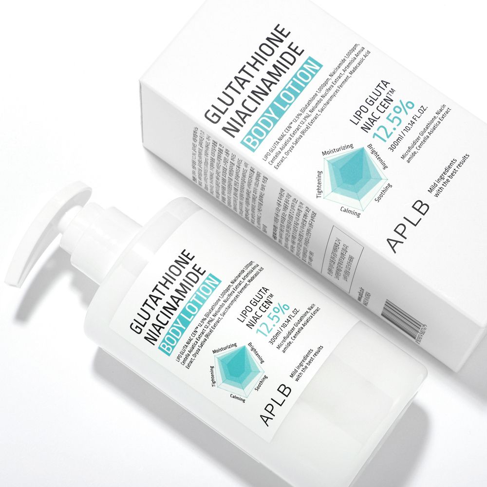 APLB Body Lotion Flasche und Verpackung. Aufschrift: Glutathione Niacinamide Body Lotion. Weiße Flasche mit Pumpverschluss.
