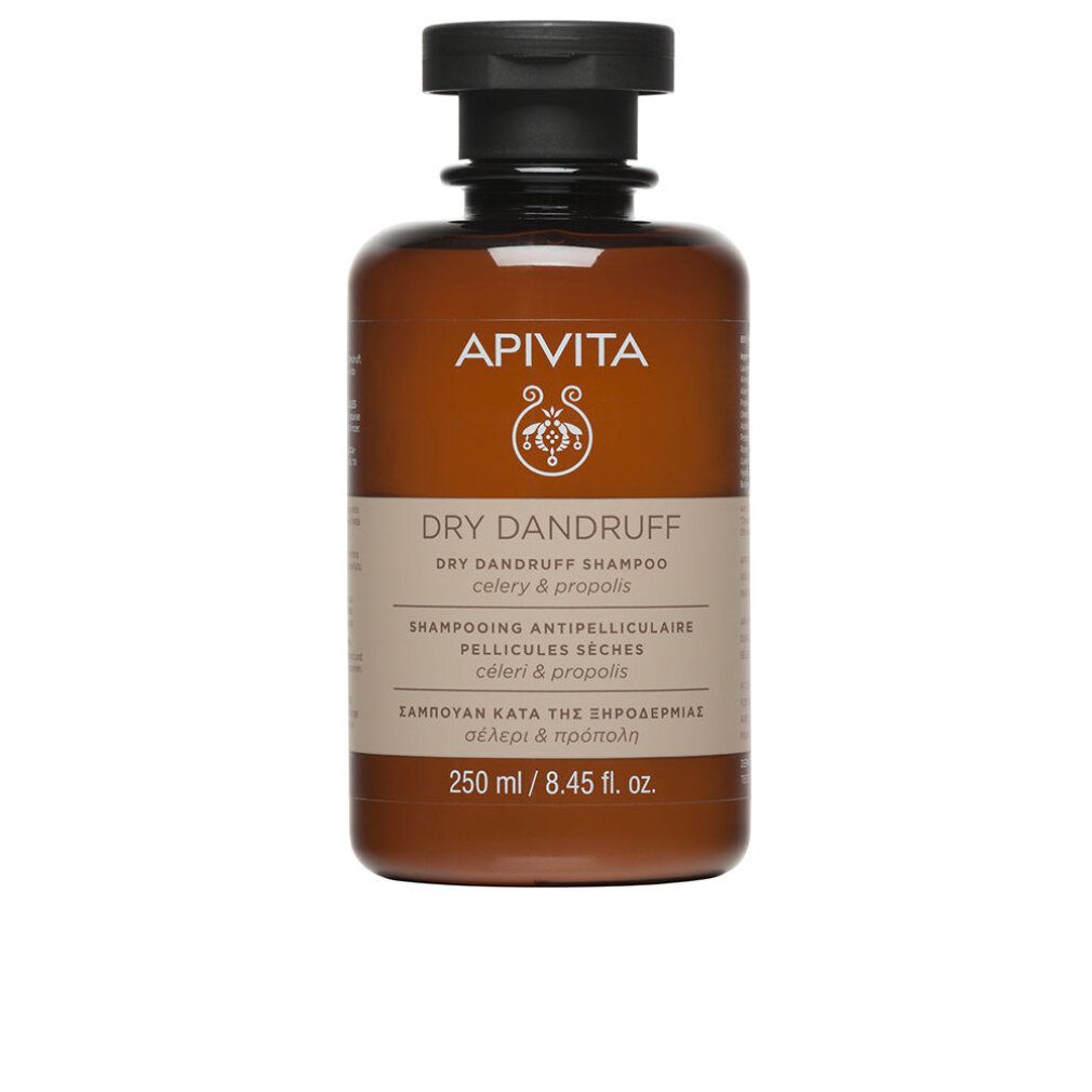 Braune Flasche mit schwarzem Deckel. Aufschrift: APIVITA, DRY DANDRUFF, 250 ml.