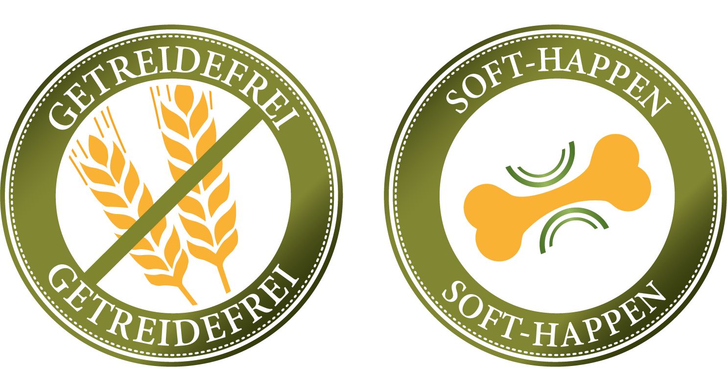 Zwei Logos: Getreidefrei und Soft-Happen. Runde, grüne Designs mit Symbolen.