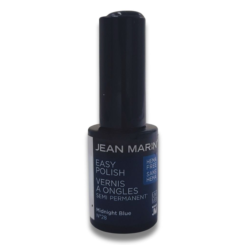 Dunkelblaue Nagellackflasche. Aufschrift: JEAN MARIN, EASY POLISH, VERNIS A ONGLES, SEMI PERMANENT. HEMA Free. Farbe: Midnight Blue.
