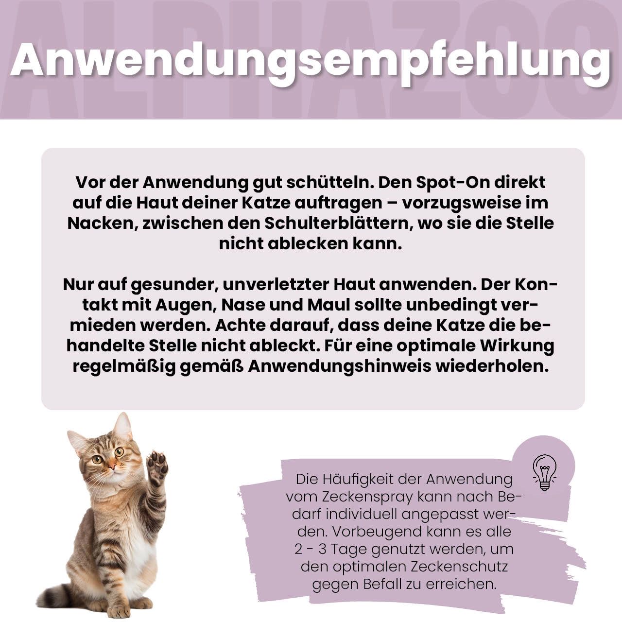 Anwendungsempfehlung. Katze hebt Pfote. Text: Spot-On auf Nacken auftragen. Regelmäßig wiederholen.
