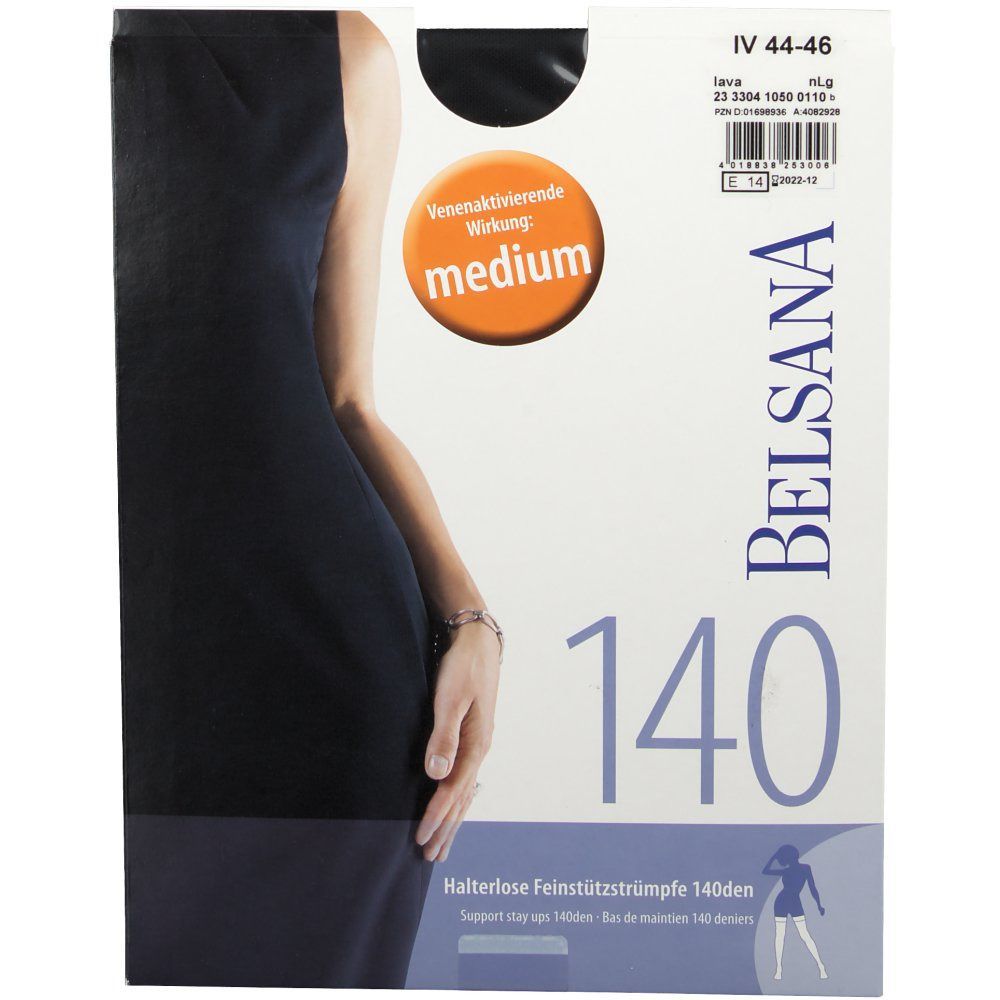 Verpackung mit Belsana 140den Feinstützstrümpfen. Größe 44-46, Farbe Lava. Venenaktivierende Wirkung: medium. Abbildung einer Frau.
