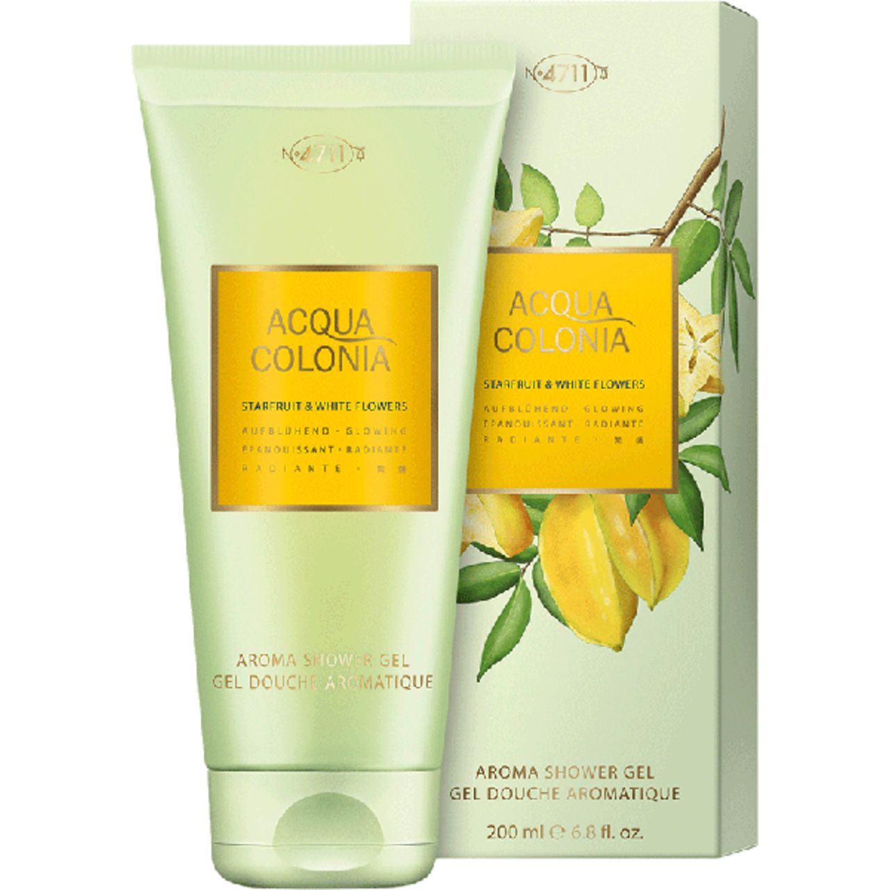 Grüne Tube und Schachtel. Aufschrift: Acqua Colonia, Starfruit & White Flowers. Aroma Shower Gel.