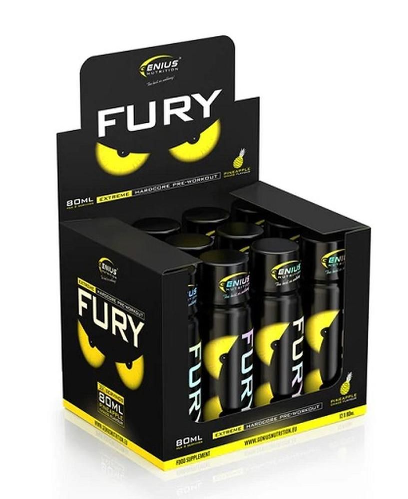 Schwarzer Karton mit Fury Extreme Shot-Flaschen. Aufschrift "FURY" und gelbe Augen. 80ml, Ananas-Geschmack. Genius Nutrition Logo.