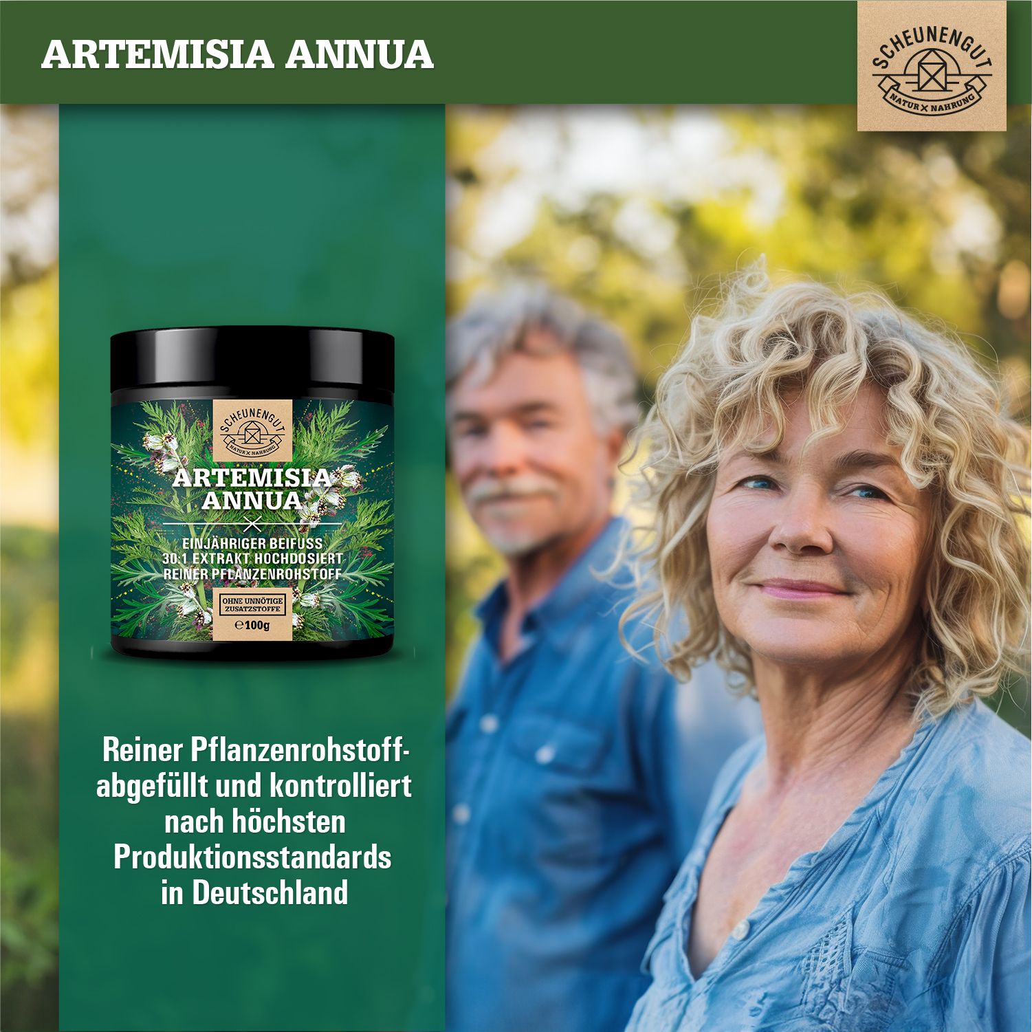 Produkt mit älterem Ehepaar im Hintergrund. Dose mit Produktinformationen, grüner Hintergrund.