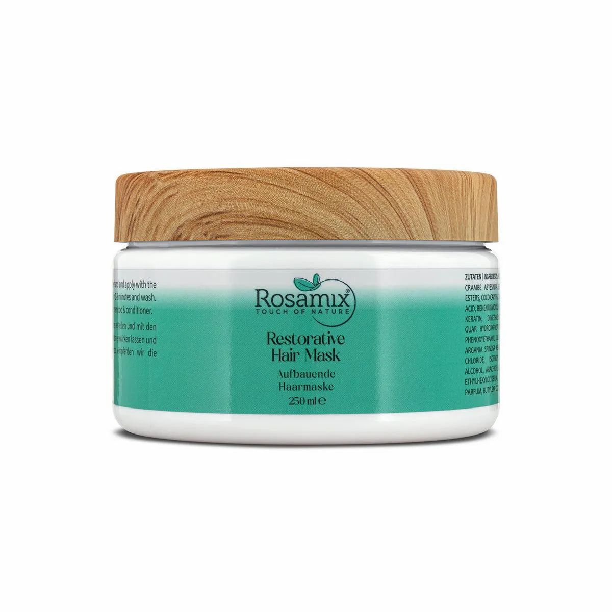 Runde Dose mit Holzdeckel. Aufschrift: Rosamix, Restorative Hair Mask, Aufbauende Haarmaske. 250 ml.