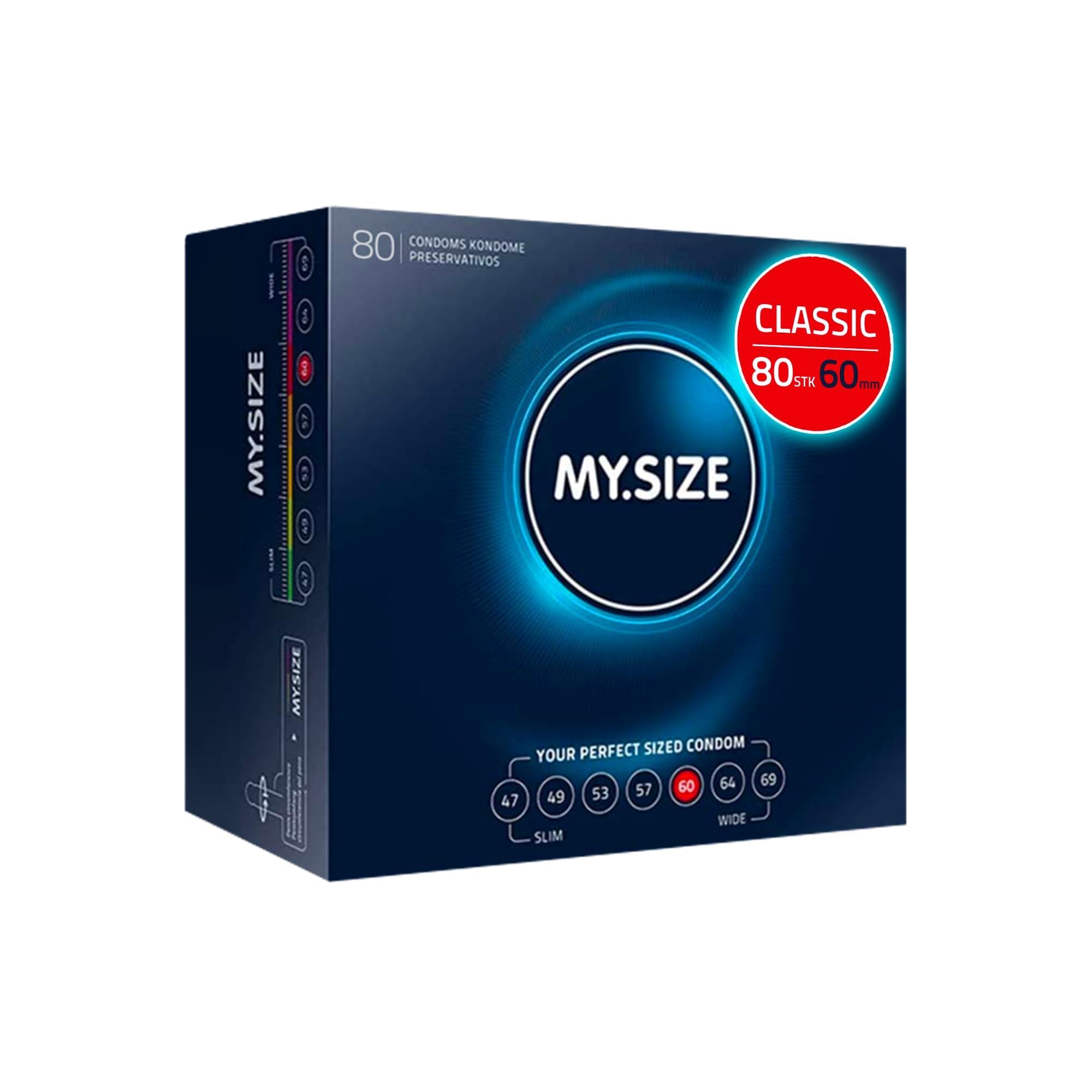 MY.SIZE Kondompackung mit 80 Kondomen, 60 mm Breite.