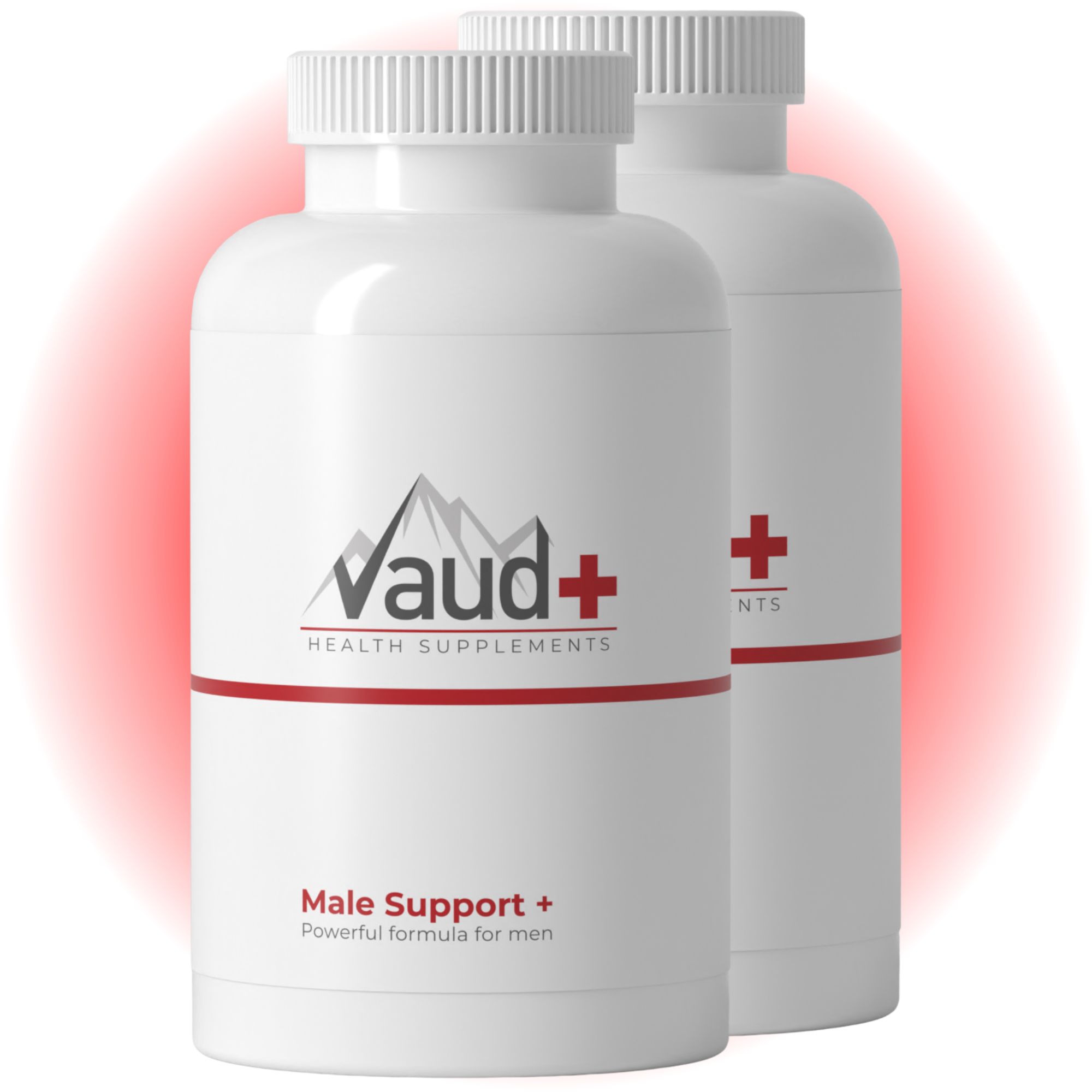 Zwei weiße Flaschen mit roter und schwarzer Beschriftung. Aufschrift: Vaud+ Health Supplements, Male Support +.