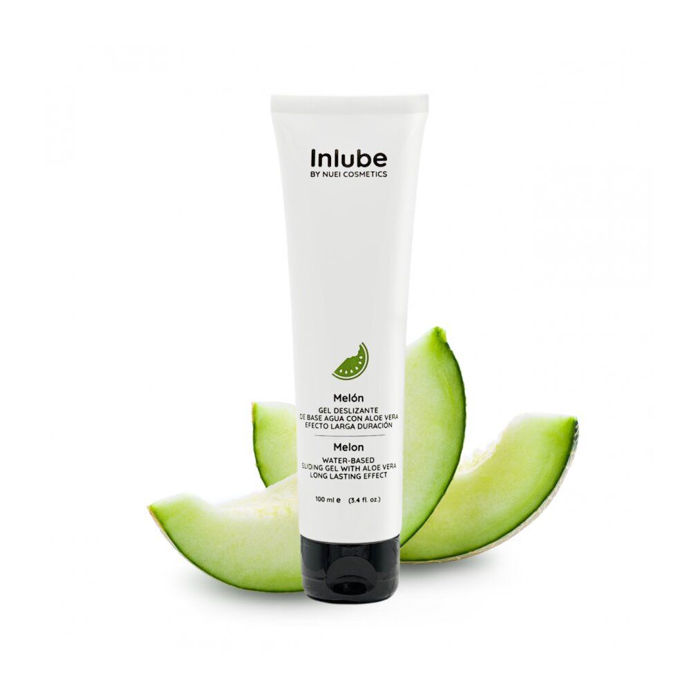 Weißes Tube mit schwarzem Deckel, Melonenscheiben. Aufschrift: Inlube, Melon, Gleitgel mit Aloe Vera.