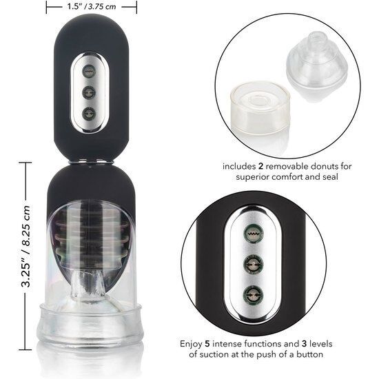 Produkt mit Maßen. Schwarzes Gerät mit transparentem Zylinder. Maße: 3,25" x 1,5"/3,75 cm.