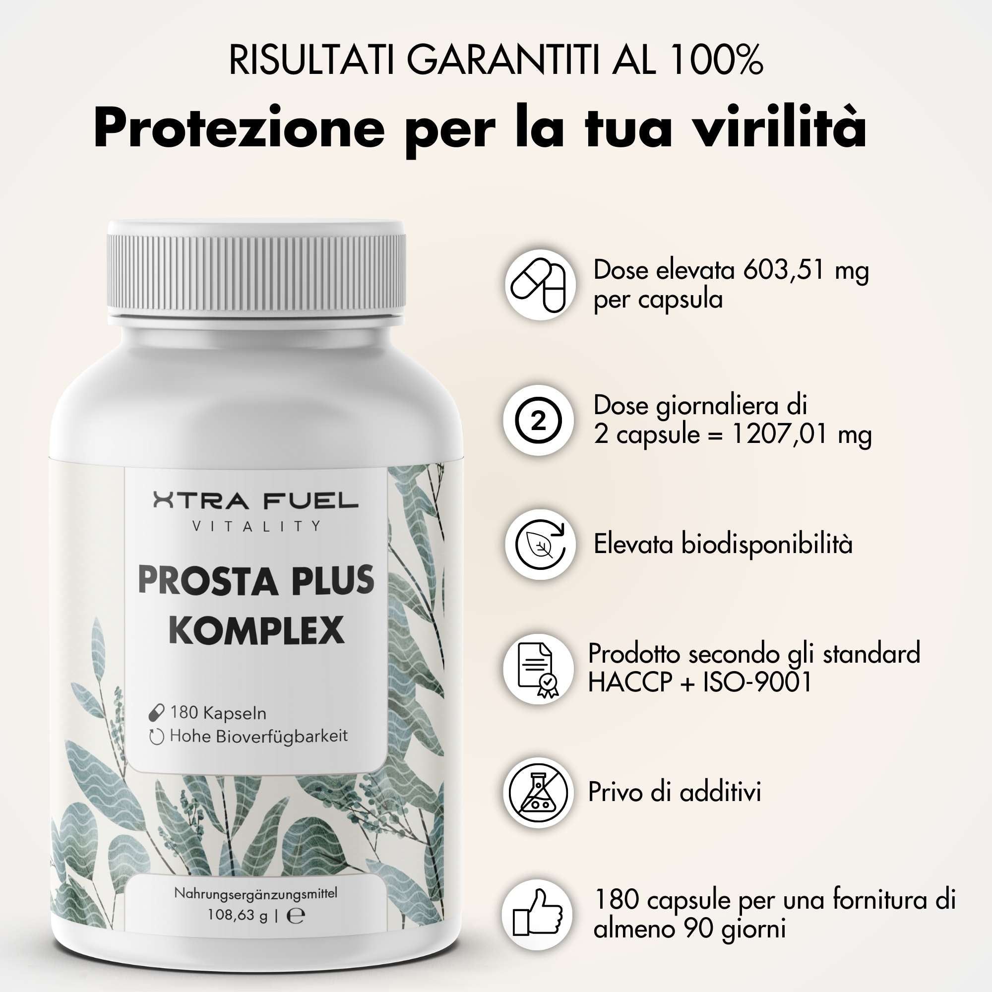 XTRA FUEL Prosta Plus Komplex, 180 capsule. Vantaggi: Dosaggio elevato, facile assunzione, alta biodisponibilità, prodotto secondo HACCP & ISO-9001.