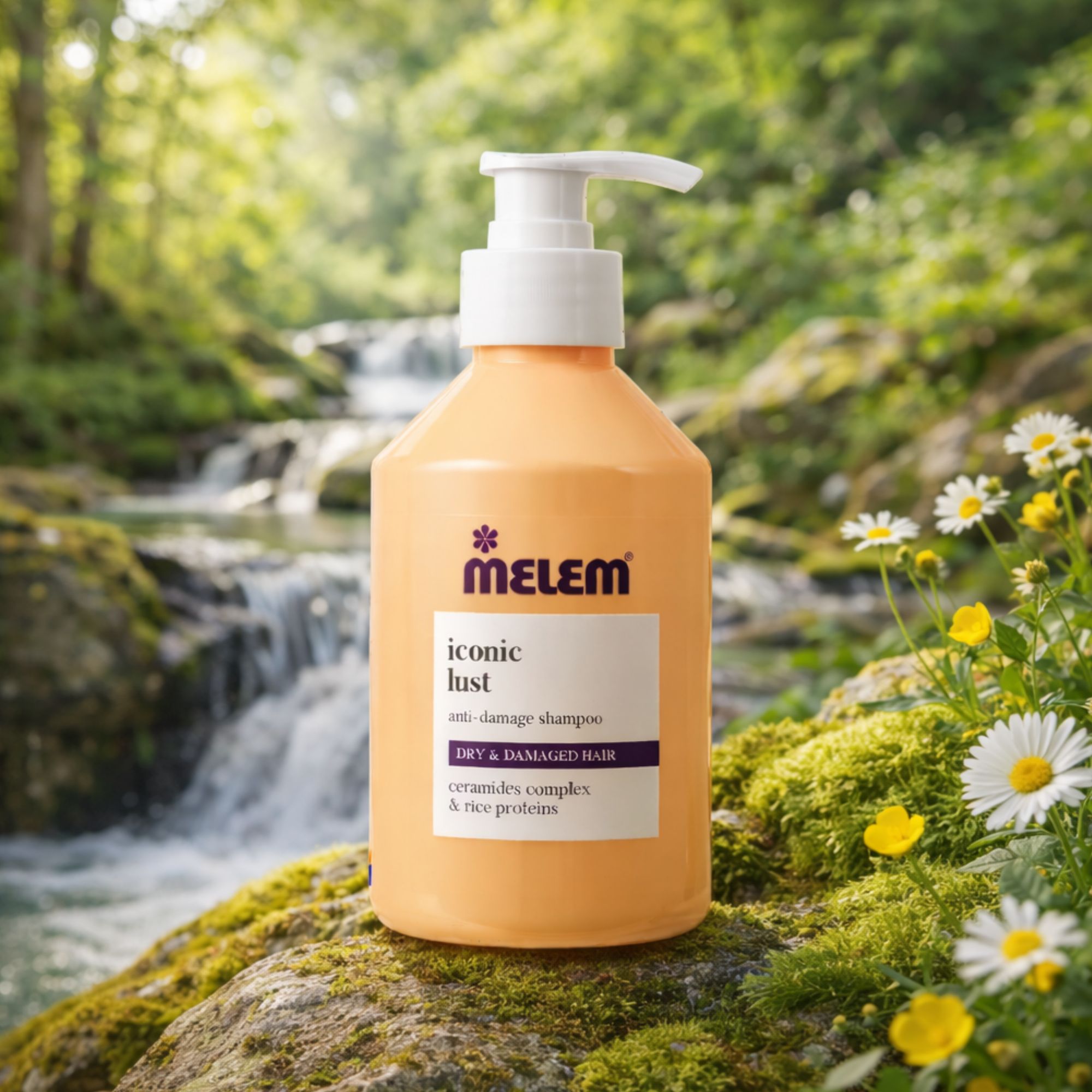 Beige Shampoo-Flasche mit weißem Pumpkopf. Aufschrift: Melem iconic lust. Anti-Damage Shampoo. Für trockenes & geschädigtes Haar. Hintergrund: Wasserfall.