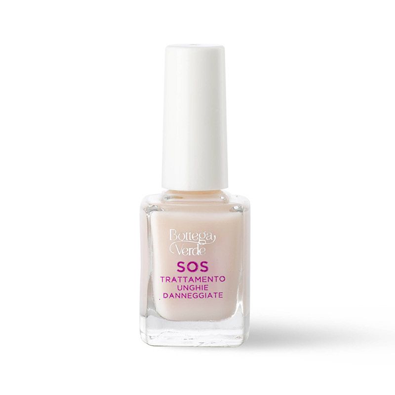 Bottega Verde Trattamento SOS unghie danneggiate. Flacone quadrato in vetro trasparente con tappo bianco. Il liquido all'interno è leggermente colorato. L'etichetta riporta la scritta "SOS Trattamento Unghie Danneggiate".