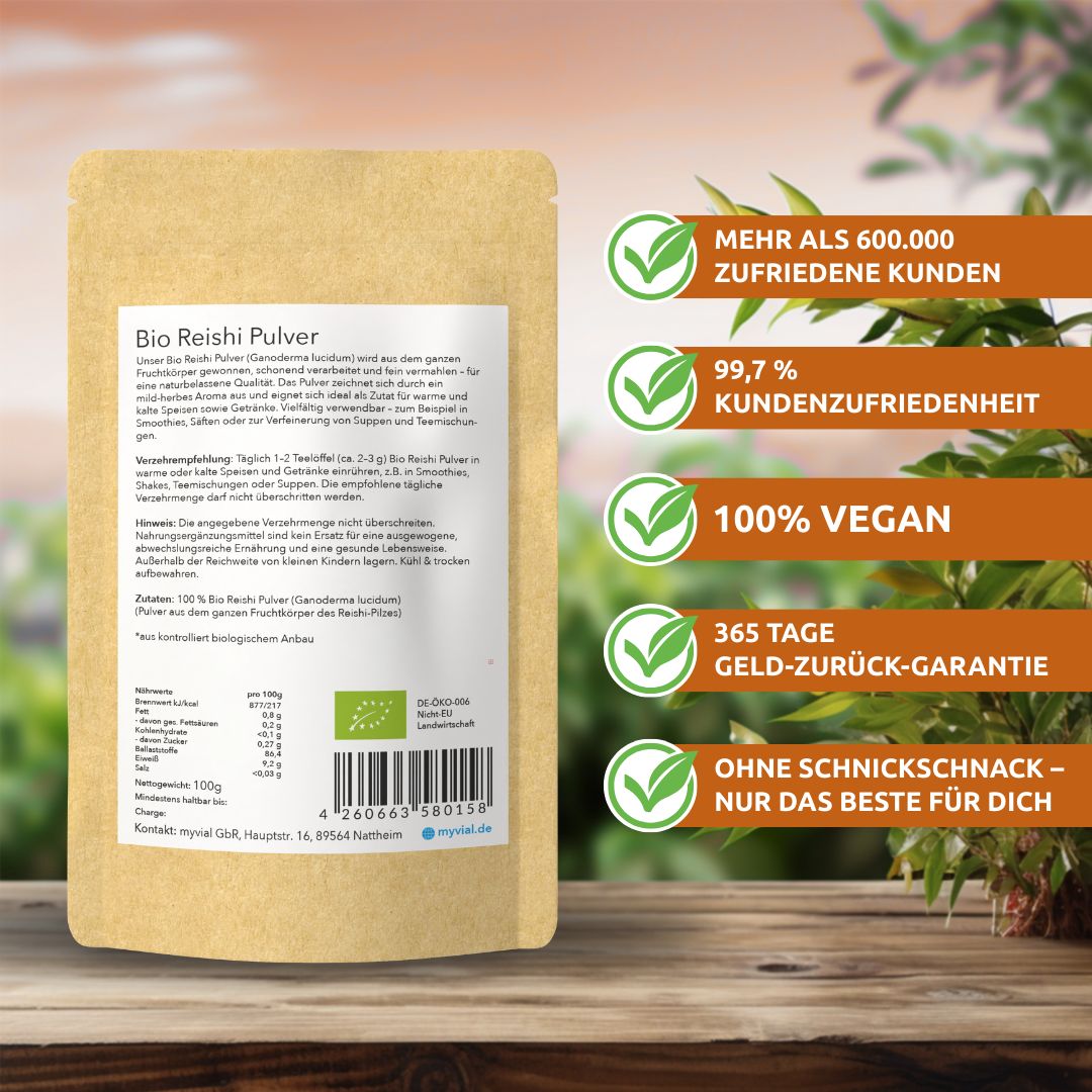 Rückseite myvial Bio Reishi Pulver Beutel mit Nährwertangaben und Bio-Siegel.