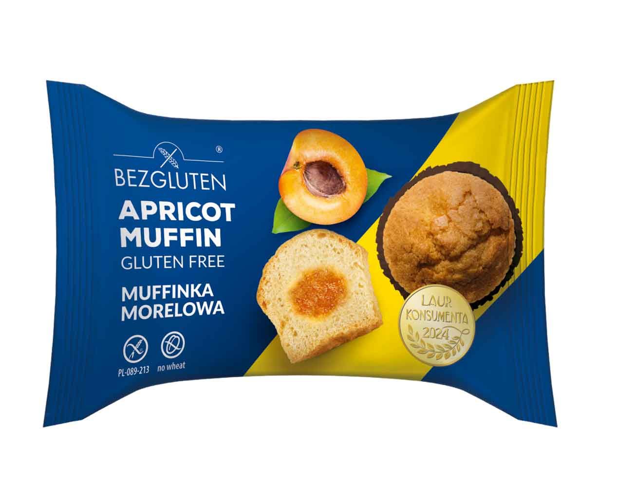 Verpackung mit Muffin. Blaue und gelbe Verpackung mit Produktbildern und Text: Bezgluten, Apricot Muffin, Gluten Free.