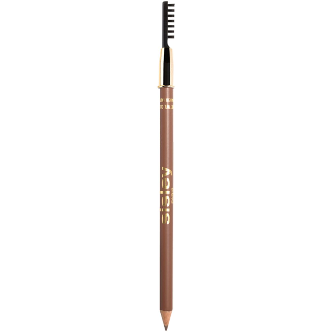 Sisley Phyto-Sourcils Perfect Augenbrauenstift. Brauner Stift mit goldfarbener Kappe und Bürste.