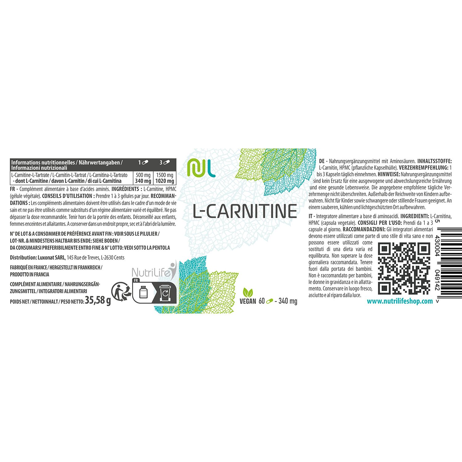 Rückseite einer weißen Flasche mit L-Carnitin. Enthält Informationen zu Inhaltsstoffen, Gebrauchsanweisung und Nährwertangaben.